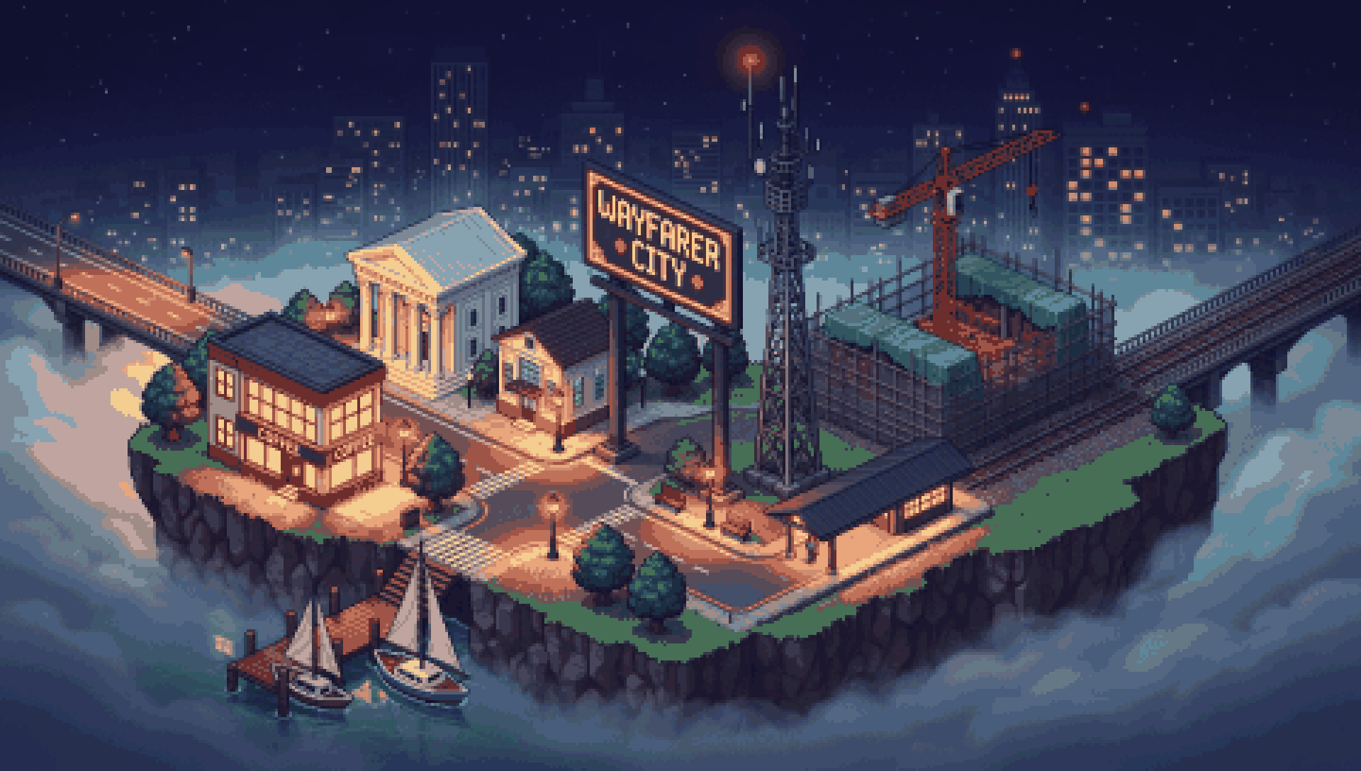 Pixel art map of Wayfarer City: a cafe, museum, library, radio tower, billboard and harbor