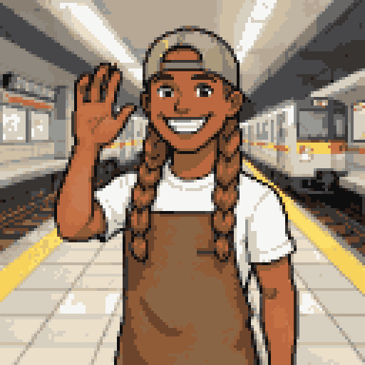 A chef wayfarer with a chicken on a subway platform