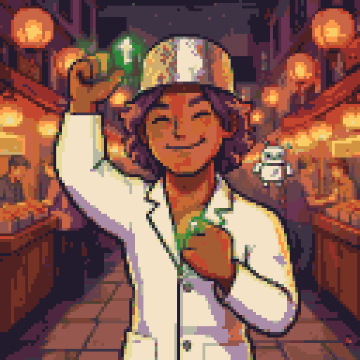 A scientist wayfarer holding an UP sign