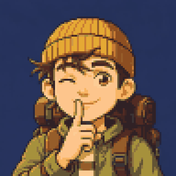 The Pixel Wayfarers mascot winking with a finger to his lips
